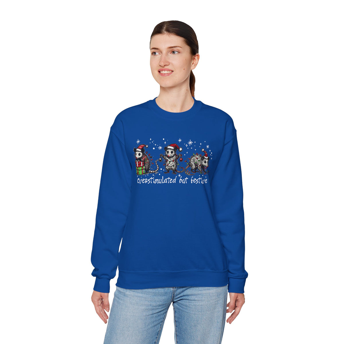 Overstimulated But Festive Christmas Possums – Gildan Heavy Blend | Trendy Women’s and Men's Soft Sweatshirt. Direct to Garment. Printed & Shipped in the USA. Unisex Sizes.