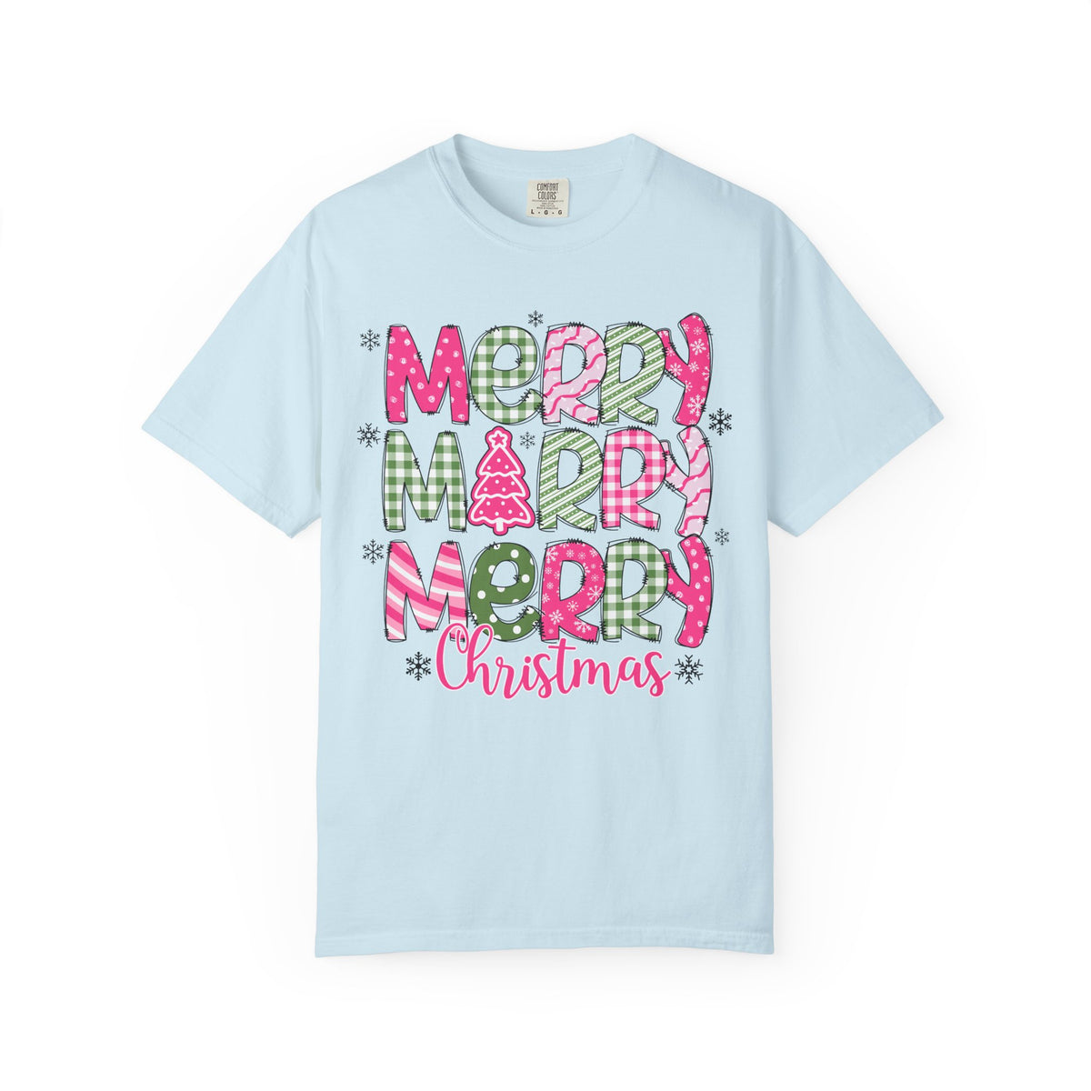 Merry Merry Merry Christmas, Festive Candy Cane & Pink and Green Plaid - Comfort Colors | Trendy Women's T-Shirt. Direct to Garment. Printed & Shipped in the USA. Unisex Sizes.