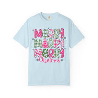Merry Merry Merry Christmas, Festive Candy Cane & Pink and Green Plaid - Comfort Colors | Trendy Women's T-Shirt. Direct to Garment. Printed & Shipped in the USA. Unisex Sizes.