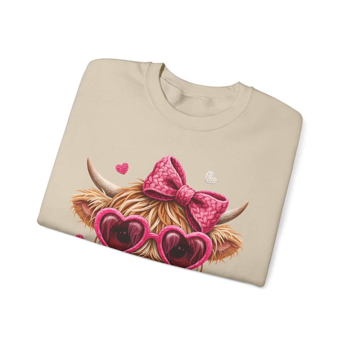Highland Cow - Pink Heart Shaped Glasses – Gildan Heavy Blend | Trendy Women’s Soft Sweatshirt. Direct to Garment. Printed & Shipped in the USA. Unisex Sizes.