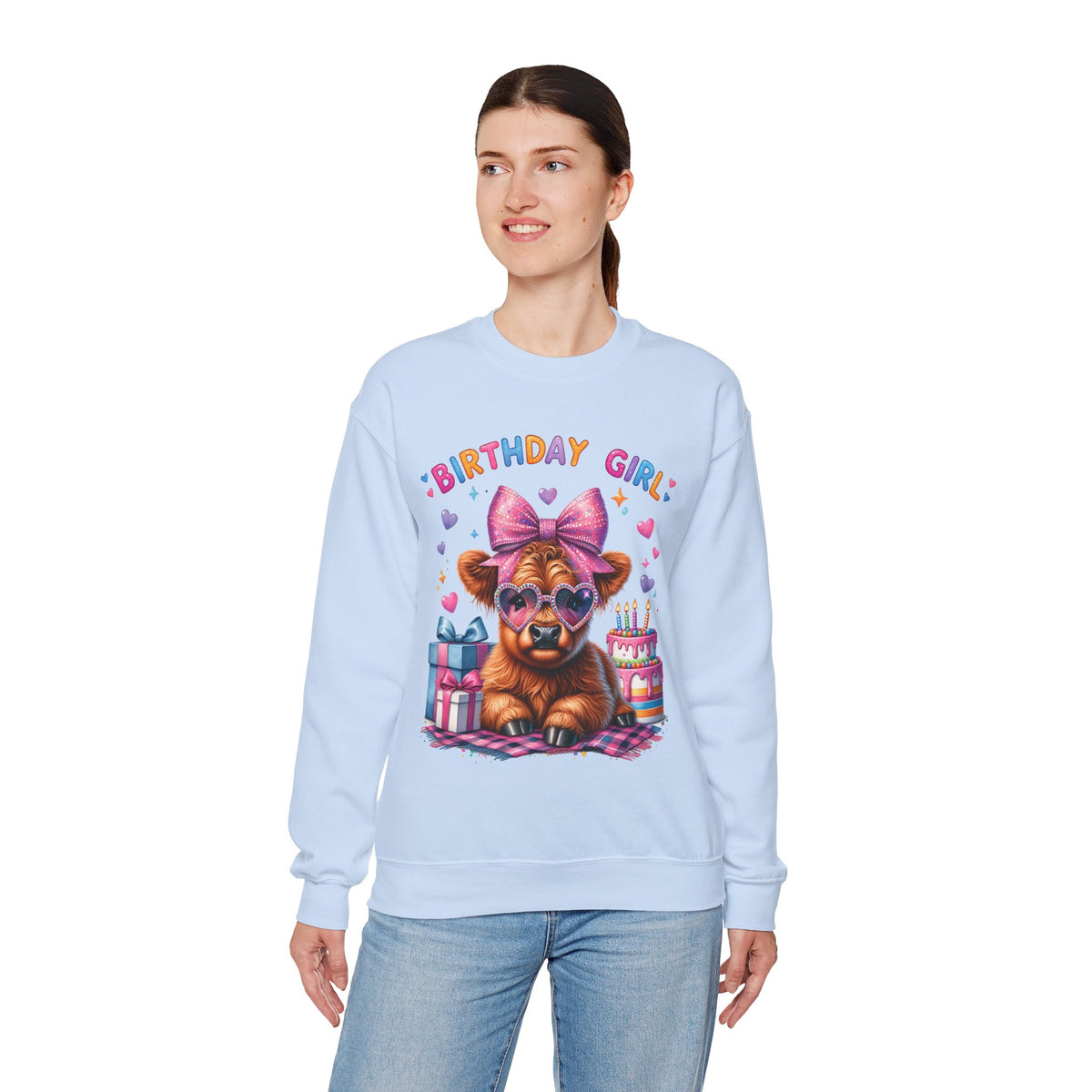 Birthday Girl, Highland Cow – Gildan Heavy Blend | Trendy Women’s Soft Sweatshirt. Direct to Garment. Printed & Shipped in the USA. Unisex Sizes.
