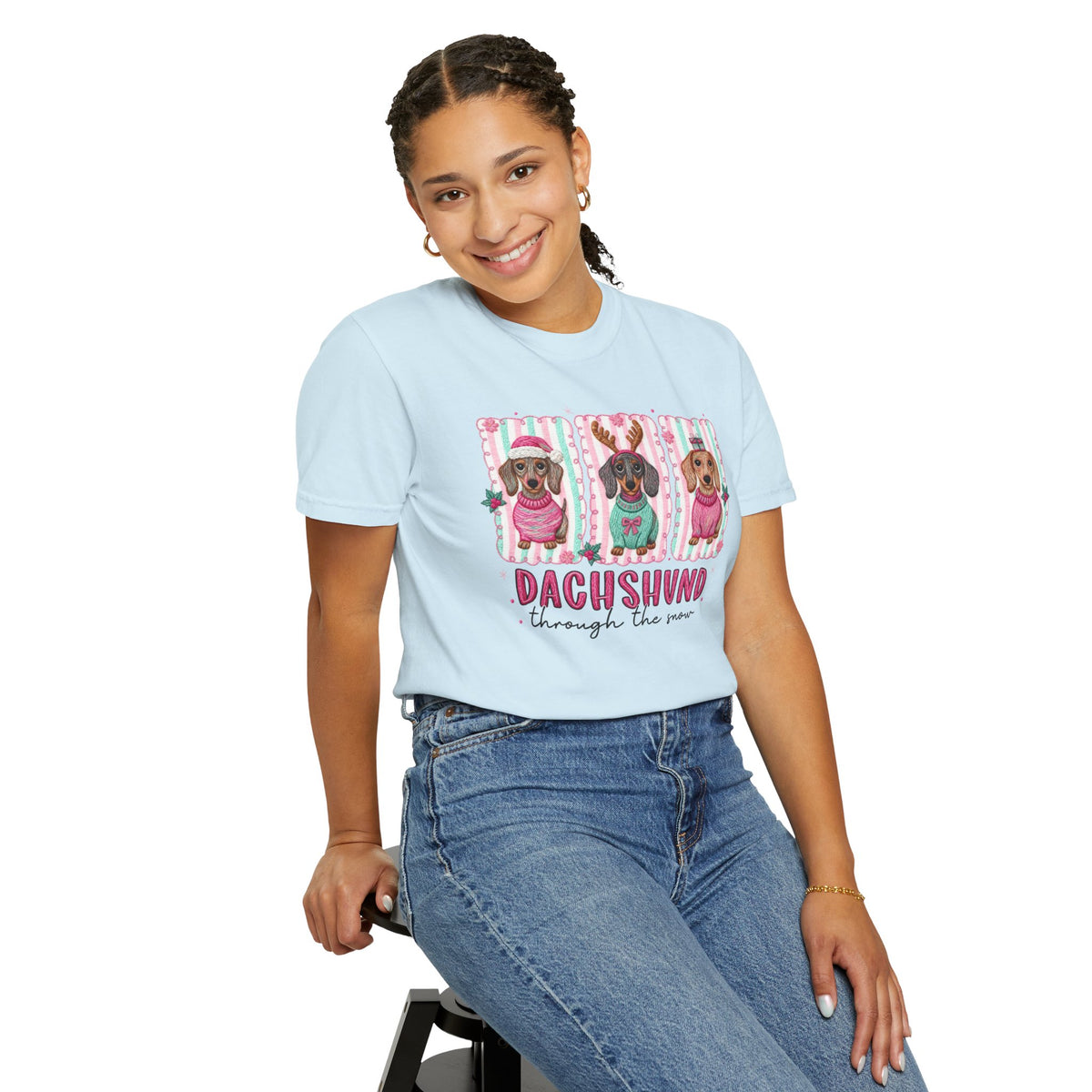Dachshund Through the Snow - Comfort Colors | Trendy Women's T-Shirt. Direct to Garment. Printed & Shipped in the USA. Unisex Sizes.