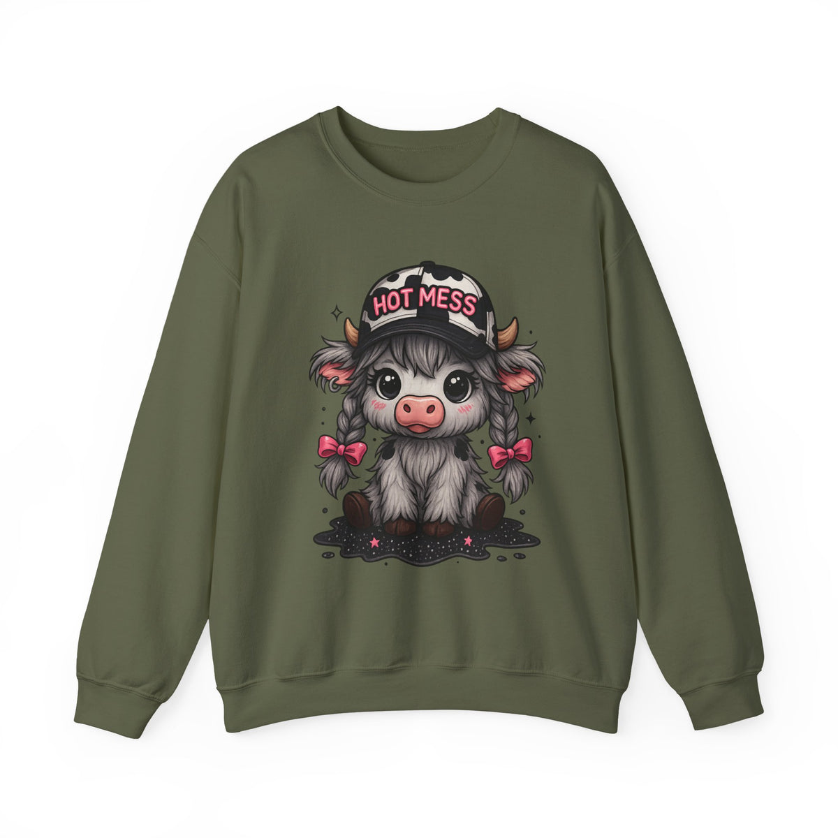 Cute Highland Cow 'Hot Mess' In Braids – Gildan Heavy Blend | Trendy Women’s Soft Sweatshirt. Direct to Garment. Printed & Shipped in the USA. Unisex Sizes.