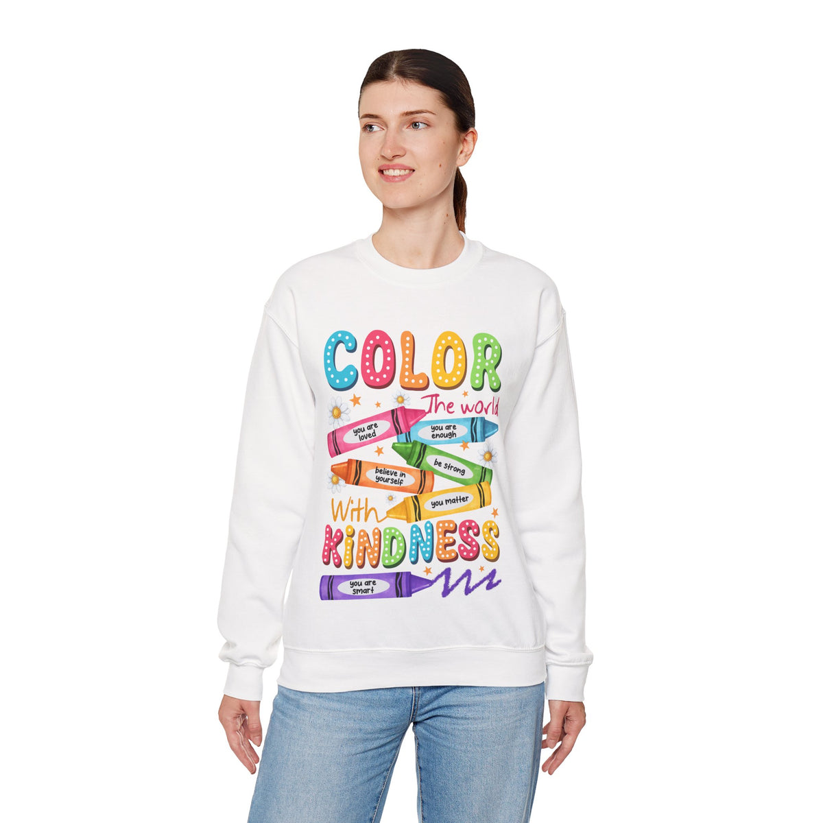 Color the World With Kindness Crayons, Great Teacher Gift – Gildan Heavy Blend | Trendy Women’s and Men's Soft Sweatshirt. Direct to Garment. Printed & Shipped in the USA. Unisex Sizes.