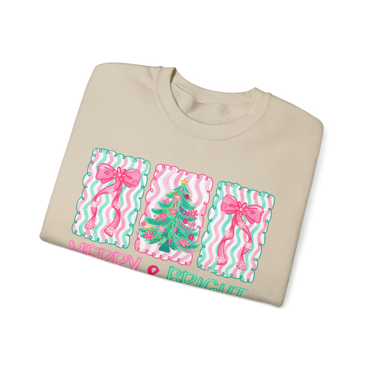 Merry & Bright Christmas - Pink & Green Holiday Tree Design – Gildan Heavy Blend | Trendy Women’s Soft Sweatshirt. Direct to Garment. Printed & Shipped in the USA. Unisex Sizes.