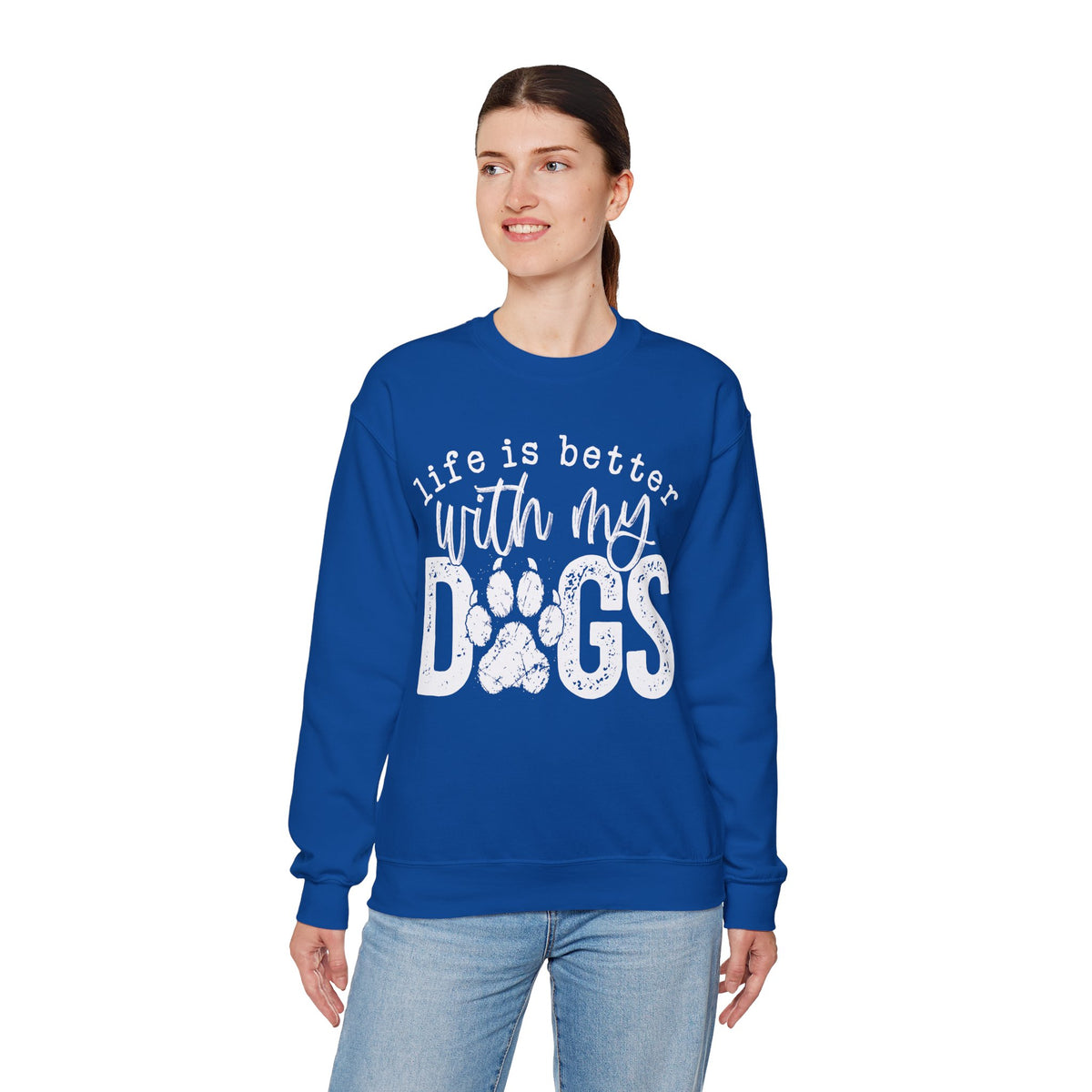 Life Is Better With My Dogs, Distressed – Gildan Heavy Blend | Trendy Women’s and Men's Soft Sweatshirt. Direct to Garment. Printed & Shipped in the USA. Unisex Sizes.
