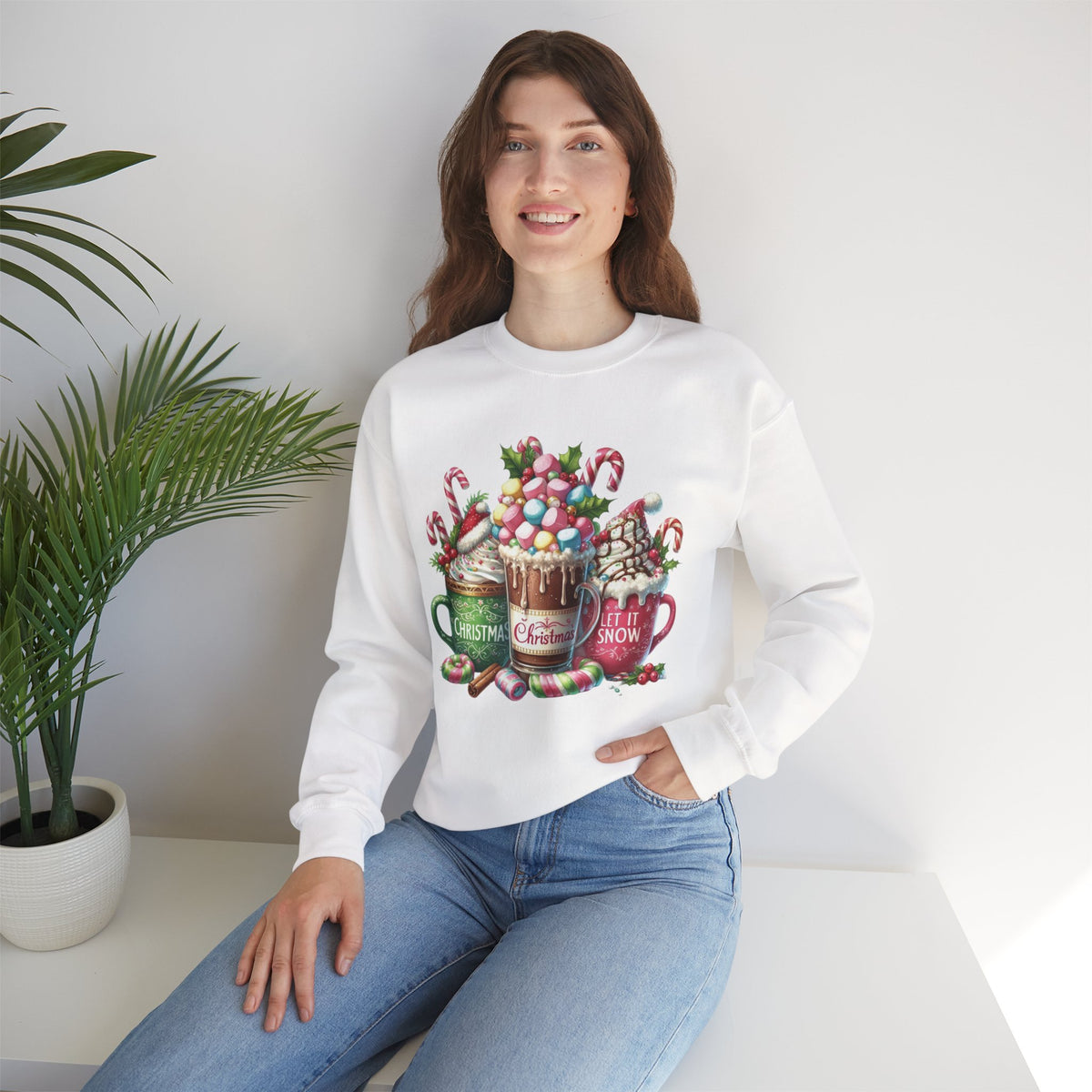 Hot Chocolate Mugs Christmas Hot Cocoa – Gildan Heavy Blend | Trendy Women’s Soft Sweatshirt. Direct to Garment. Printed & Shipped in the USA. Unisex Sizes.