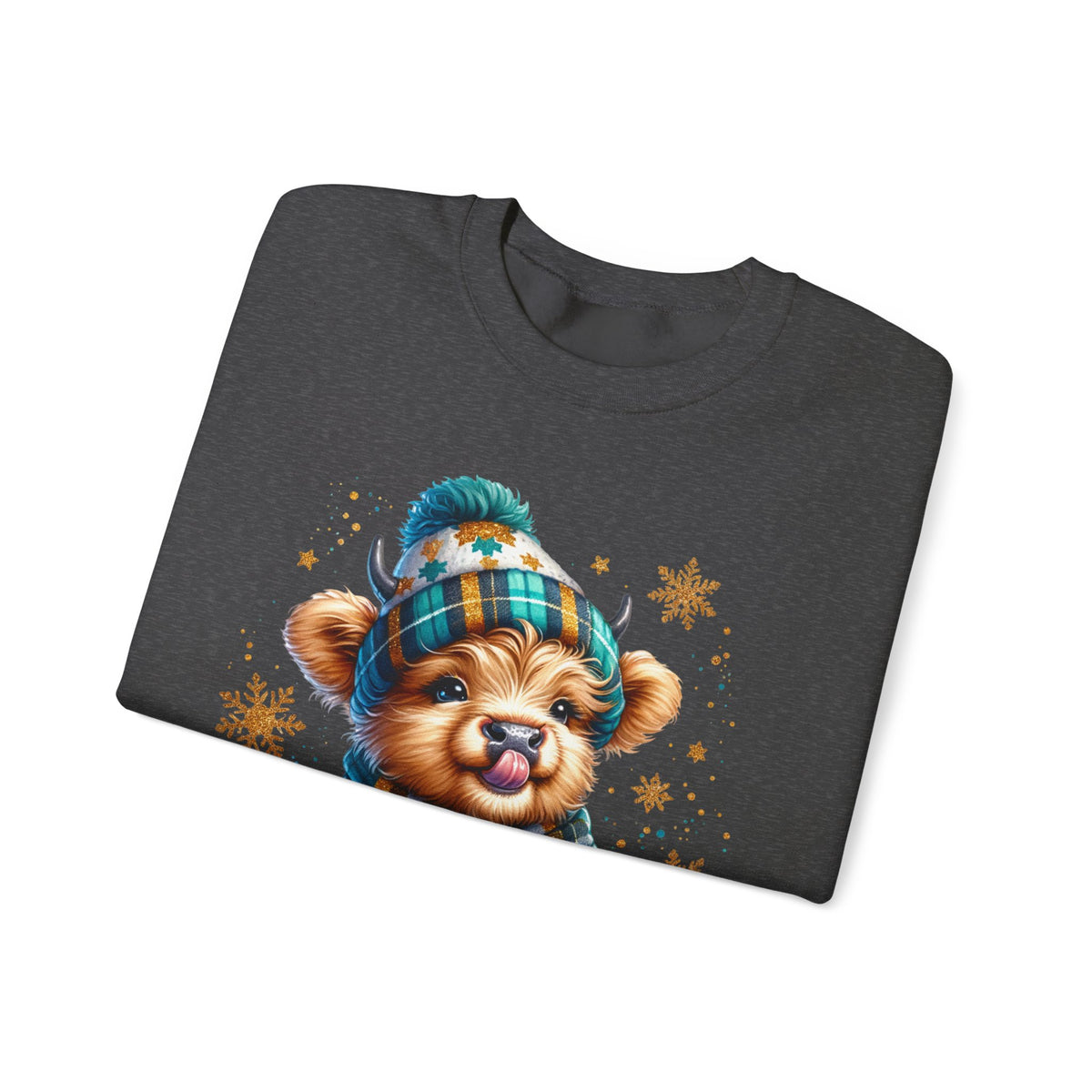 Winter Baby Highland Cow with Cocoa – Gildan Heavy Blend | Trendy Women’s Soft Sweatshirt. Direct to Garment. Printed & Shipped in the USA. Unisex Sizes.