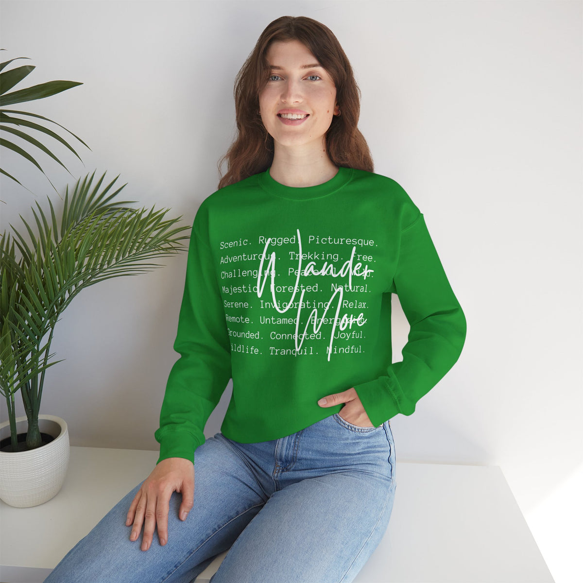 Wander More, Scenic Adventure Typography – Gildan Heavy Blend | Trendy Men's and Women’s Soft Sweatshirt. Direct to Garment. Printed & Shipped in the USA. Unisex Sizes.