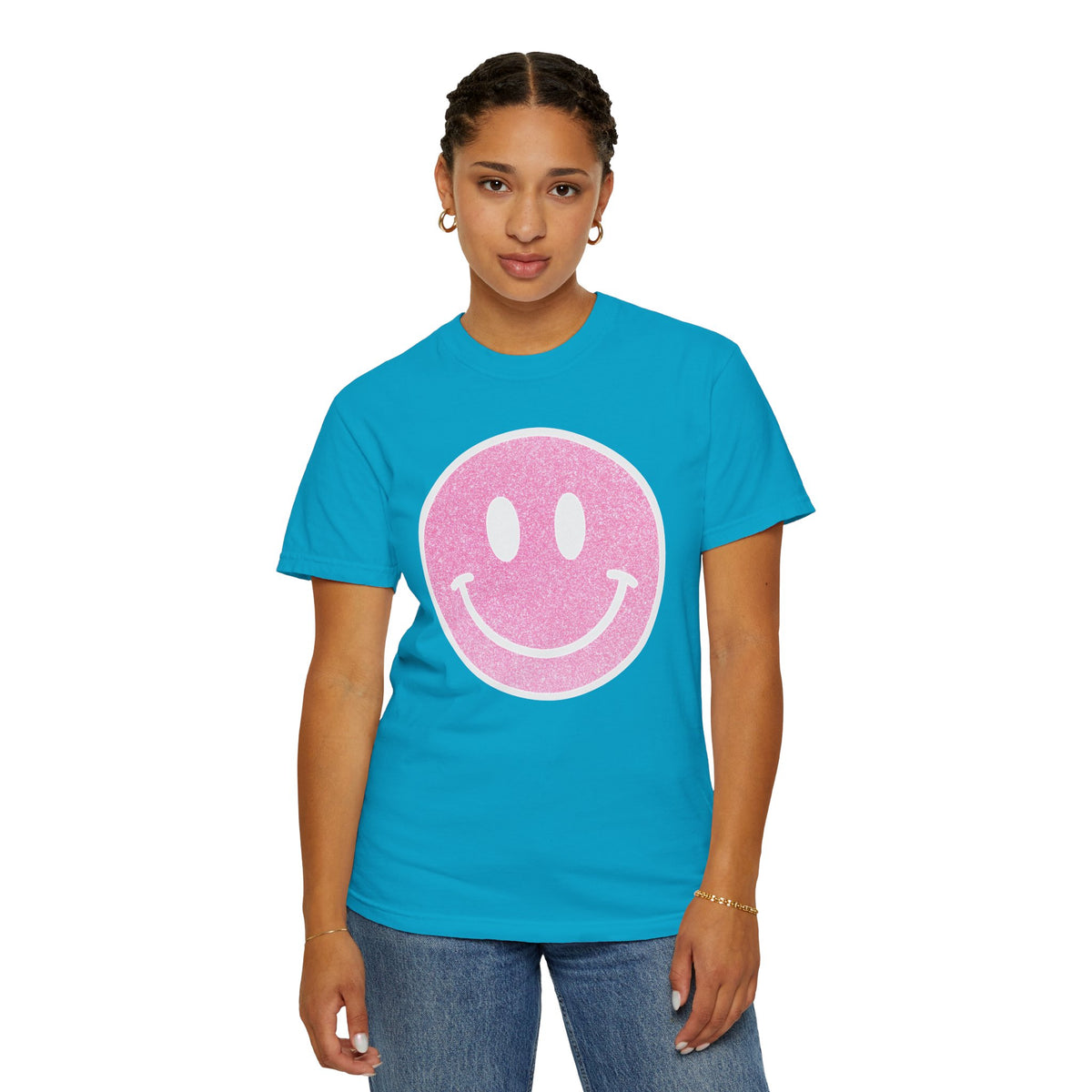 Faux Glitter Smiley - Comfort Colors | Trendy Women's T-Shirt. Direct to Garment. Printed & Shipped in the USA. Unisex Sizes.