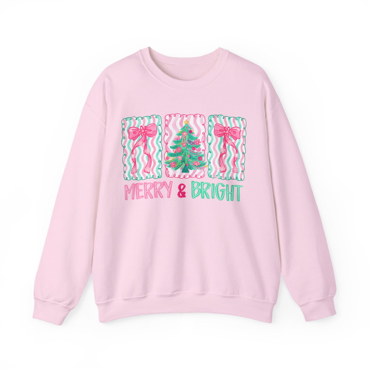 Merry & Bright Christmas - Pink & Green Holiday Tree Design – Gildan Heavy Blend | Trendy Women’s Soft Sweatshirt. Direct to Garment. Printed & Shipped in the USA. Unisex Sizes.