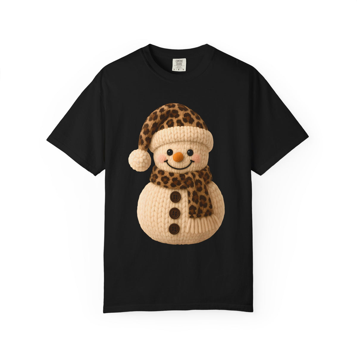 Cute Leopard Faux Knit Snowman Winter - Comfort Colors | Trendy Women's T-Shirt. Direct to Garment. Printed & Shipped in the USA. Unisex Sizes.