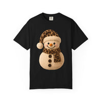 Cute Leopard Faux Knit Snowman Winter - Comfort Colors | Trendy Women's T-Shirt. Direct to Garment. Printed & Shipped in the USA. Unisex Sizes.