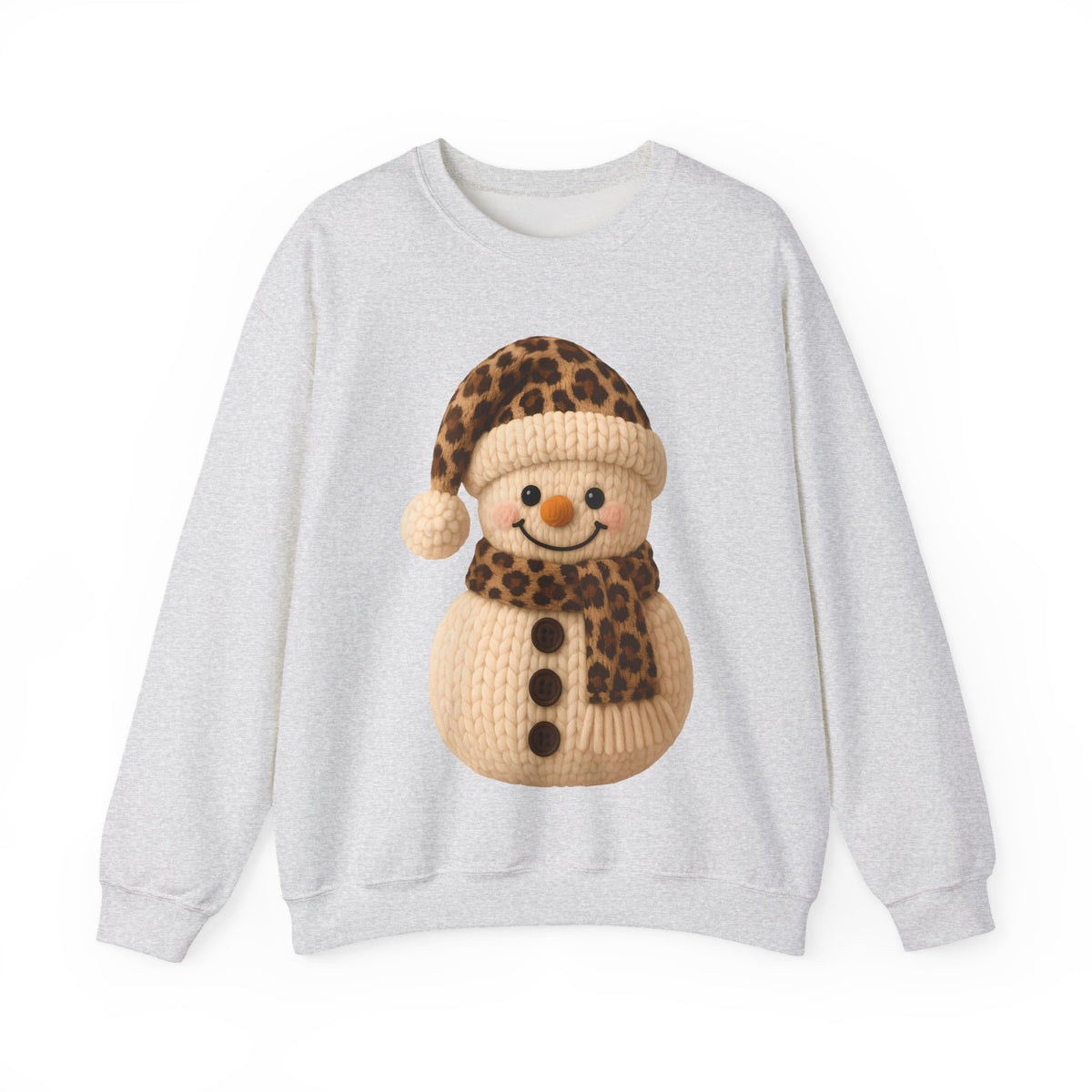 Cute Leopard Faux Knit Snowman Winter – Gildan Heavy Blend | Trendy Women’s Soft Sweatshirt. Direct to Garment. Printed & Shipped in the USA. Unisex Sizes.