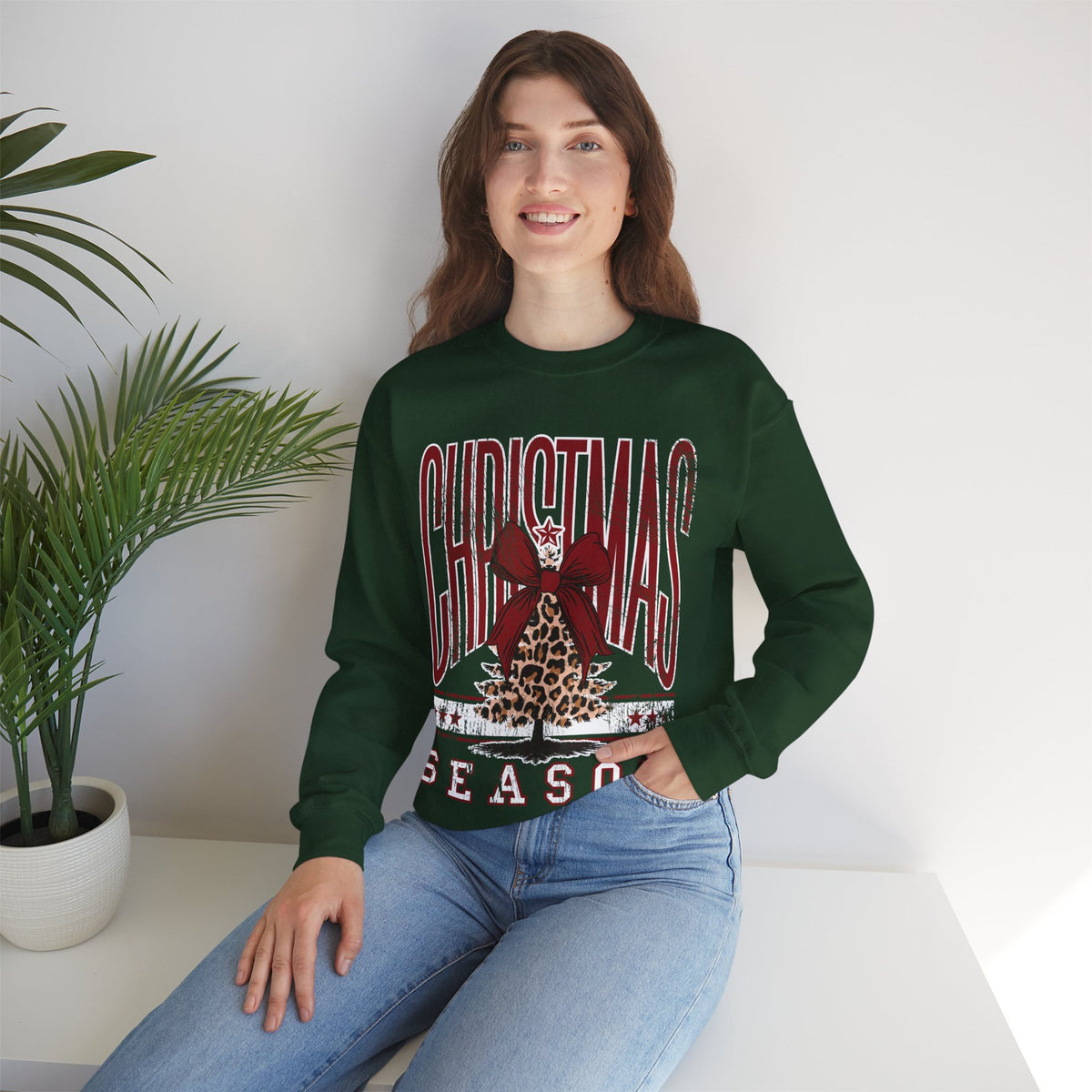 Christmas Season Leopard Tree Distressed – Gildan Heavy Blend | Trendy Women’s Soft Sweatshirt. Direct to Garment. Printed & Shipped in the USA. Unisex Sizes.