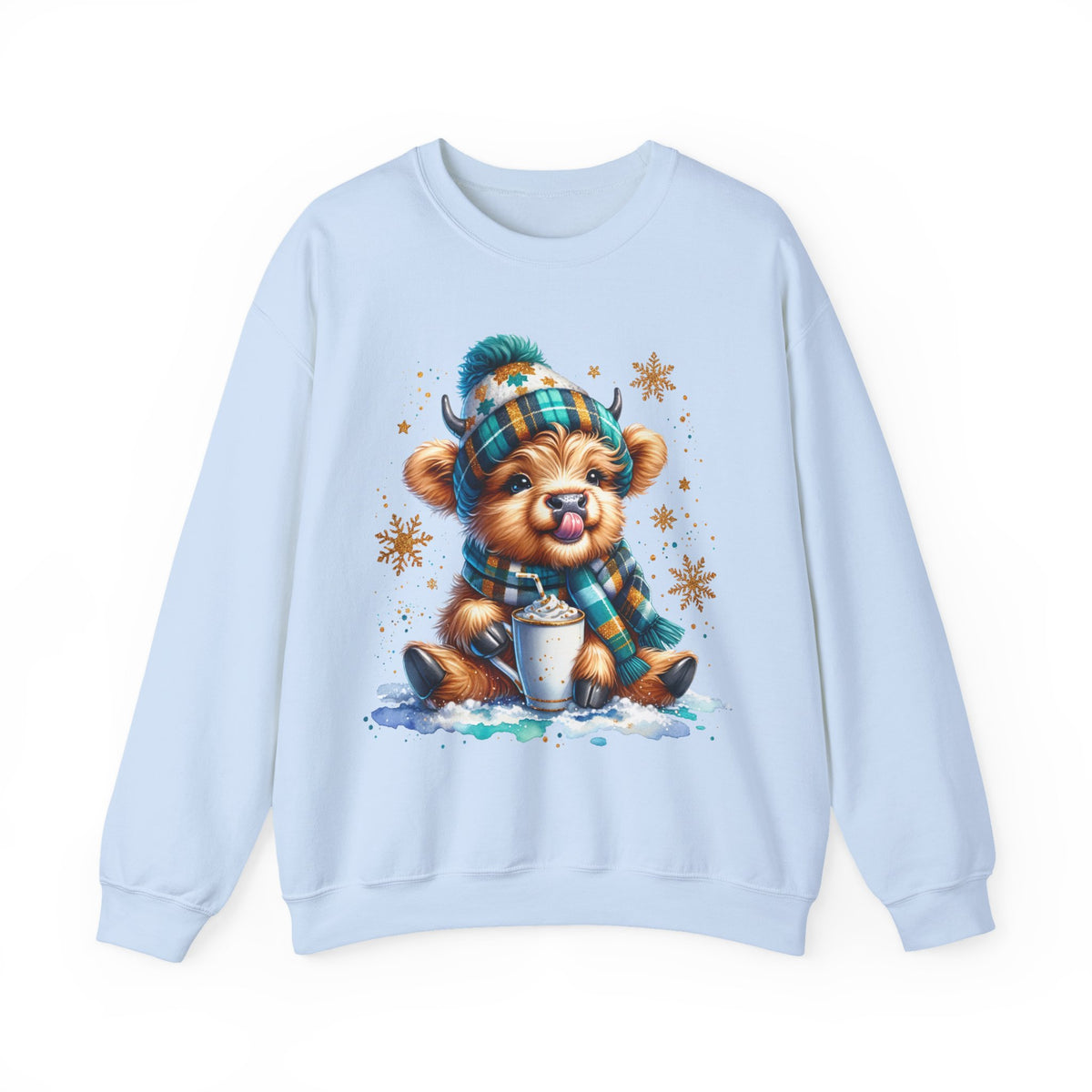 Winter Baby Highland Cow with Cocoa – Gildan Heavy Blend | Trendy Women’s Soft Sweatshirt. Direct to Garment. Printed & Shipped in the USA. Unisex Sizes.