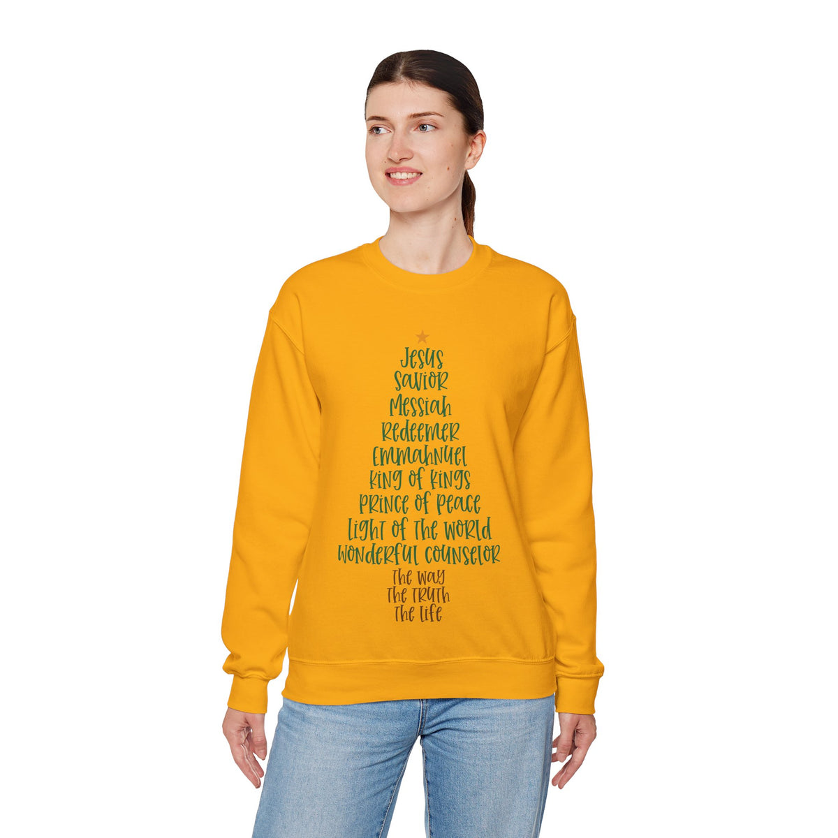 Jesus Names Christmas Tree – Gildan Heavy Blend | Trendy Women’s Soft Sweatshirt. Direct to Garment. Printed & Shipped in the USA. Unisex Sizes.