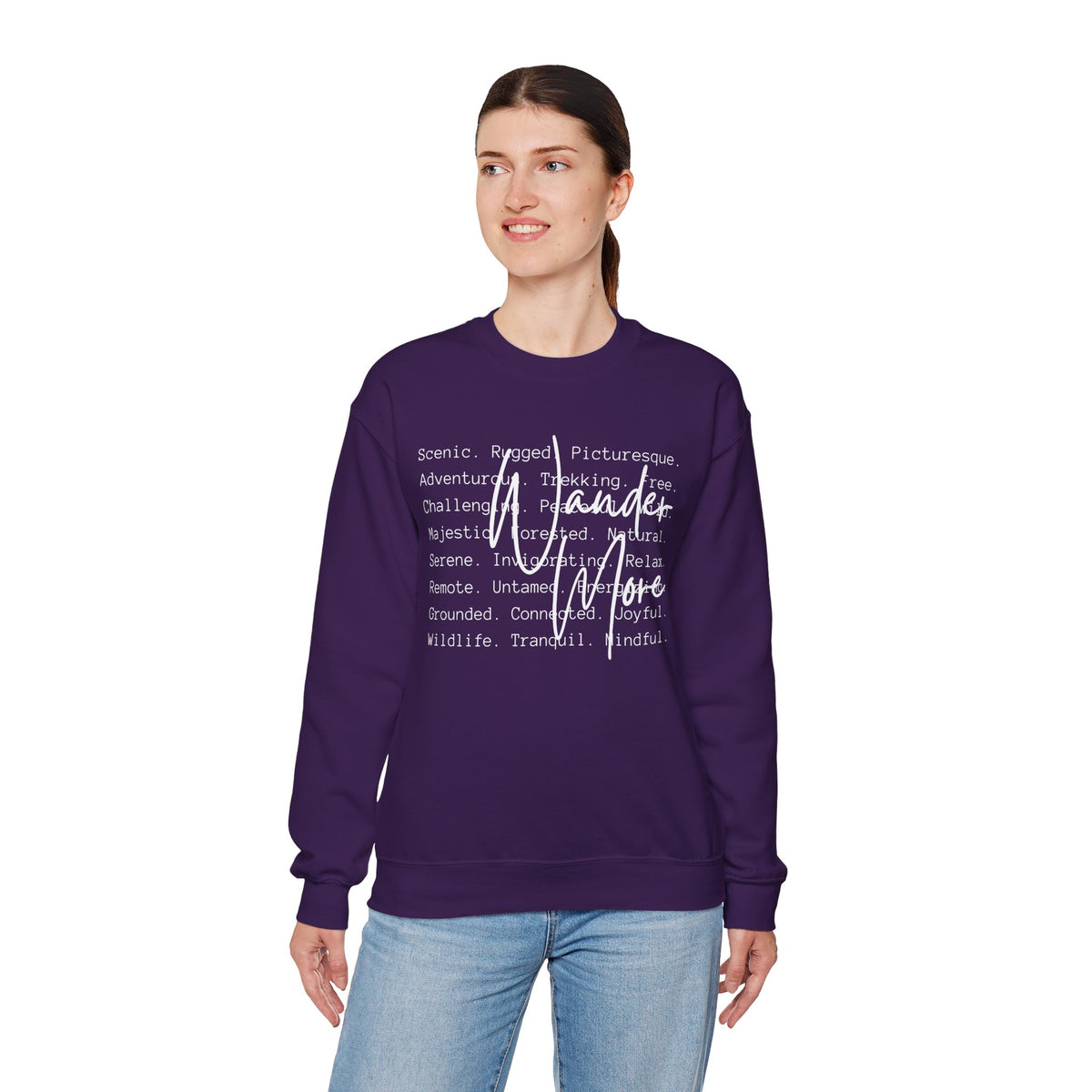 Wander More, Scenic Adventure Typography – Gildan Heavy Blend | Trendy Men's and Women’s Soft Sweatshirt. Direct to Garment. Printed & Shipped in the USA. Unisex Sizes.