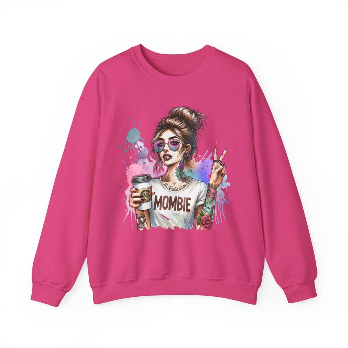 Cool Mombie with Coffee Peace Tattoo - Tired Mom – Gildan Heavy Blend | Trendy Women’s Soft Sweatshirt. Direct to Garment. Printed & Shipped in the USA. Unisex Sizes.