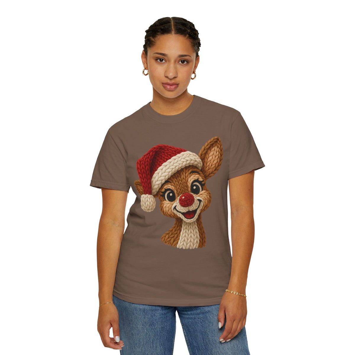 Cute Rudolph Faux Knit Look Reindeer w/Santa Hat - Comfort Colors | Trendy Women's T-Shirt. Direct to Garment. Printed & Shipped in the USA. Unisex Sizes.