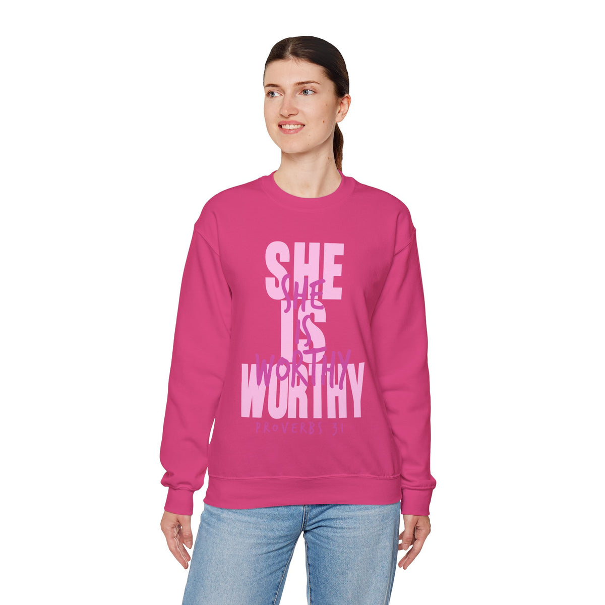 She Is Worthy – Gildan Heavy Blend | Trendy Women’s Soft Sweatshirt. Direct to Garment. Printed & Shipped in the USA. Unisex Sizes.