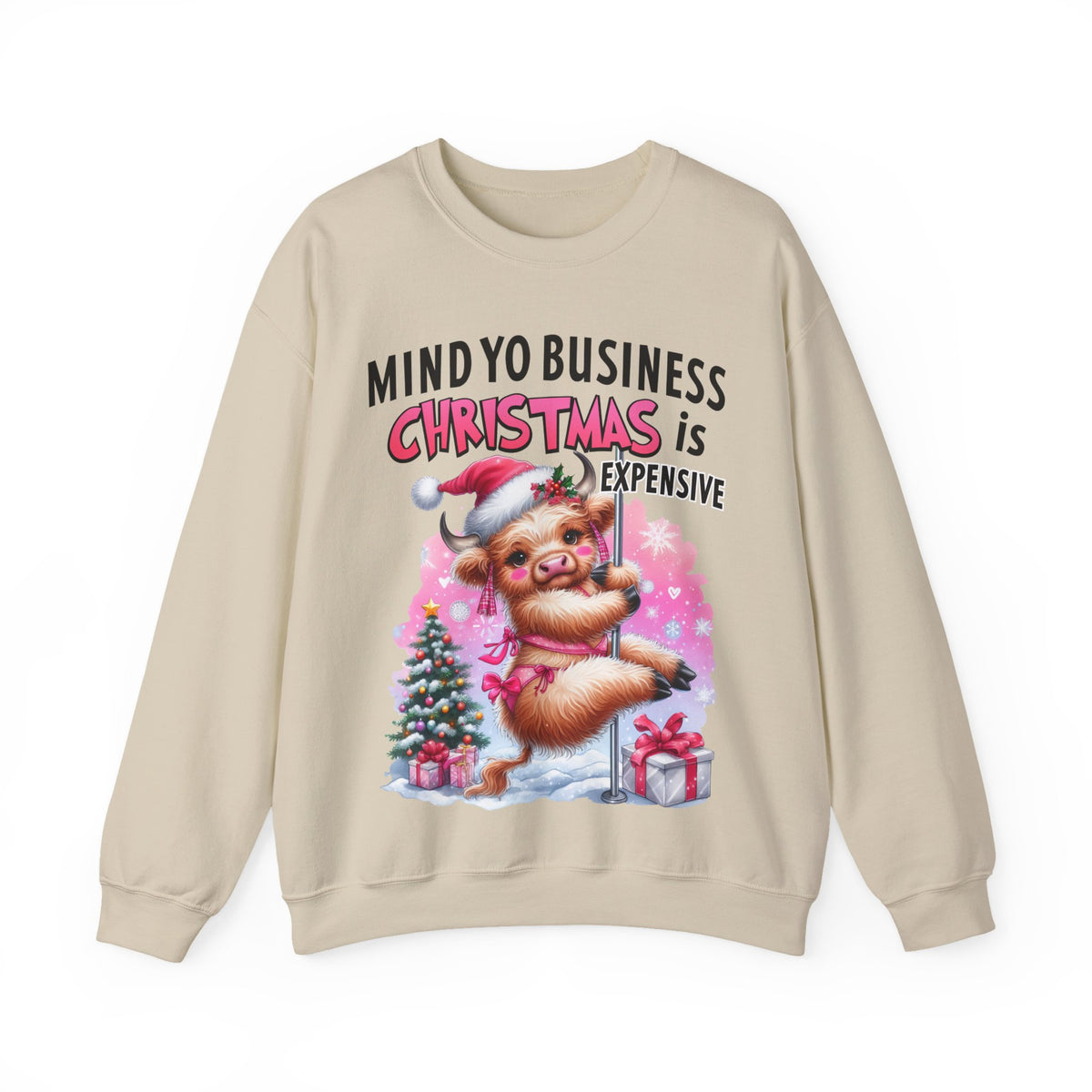 Highland Cow Mind Yo Business Christmas is Expensive – Gildan Heavy Blend | Trendy Women’s Soft Sweatshirt. Direct to Garment. Printed & Shipped in the USA. Unisex Sizes.