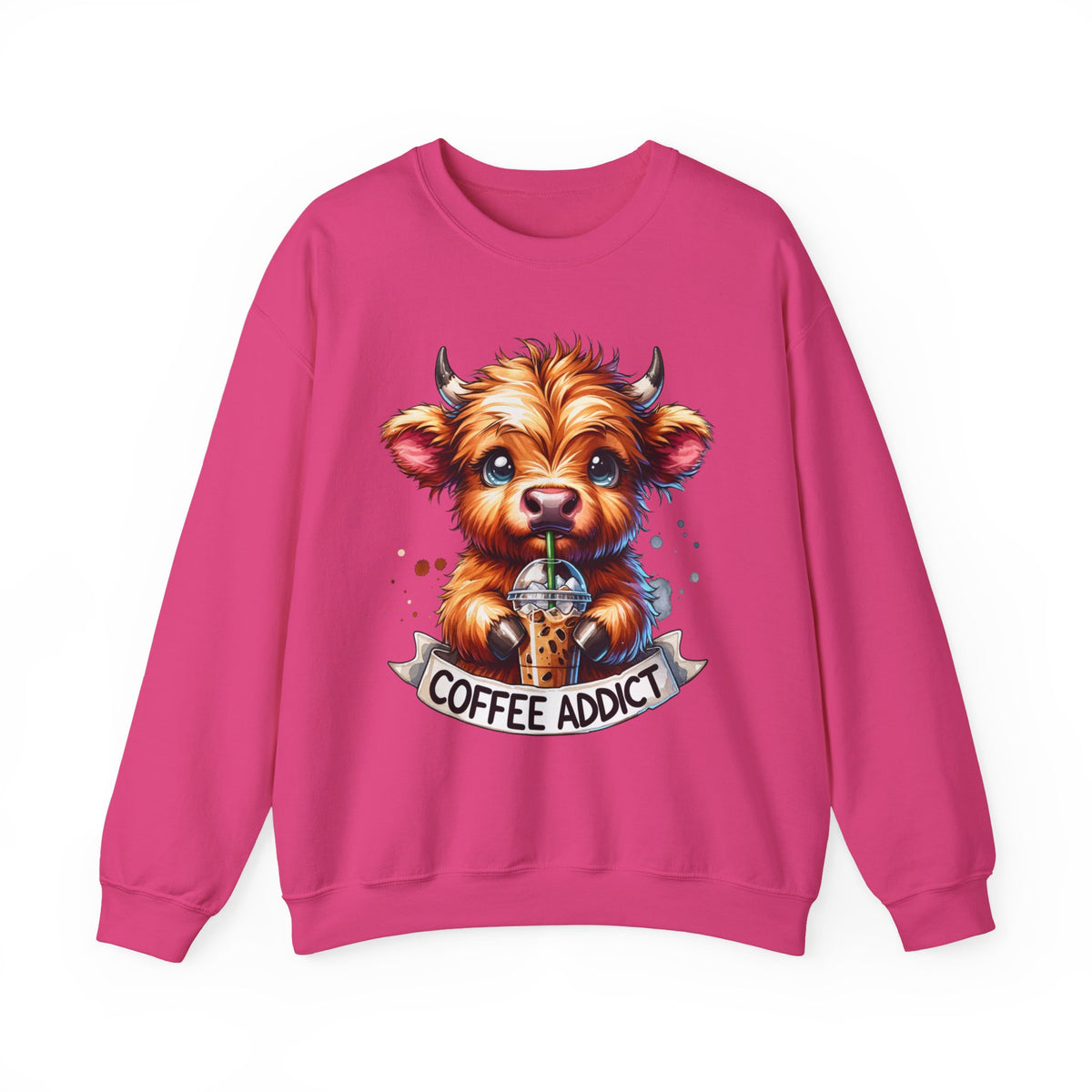 Coffee Addict Highland Cow Drinking Iced Coffee – Gildan Heavy Blend | Trendy Women’s Soft Sweatshirt. Direct to Garment. Printed & Shipped in the USA. Unisex Sizes.