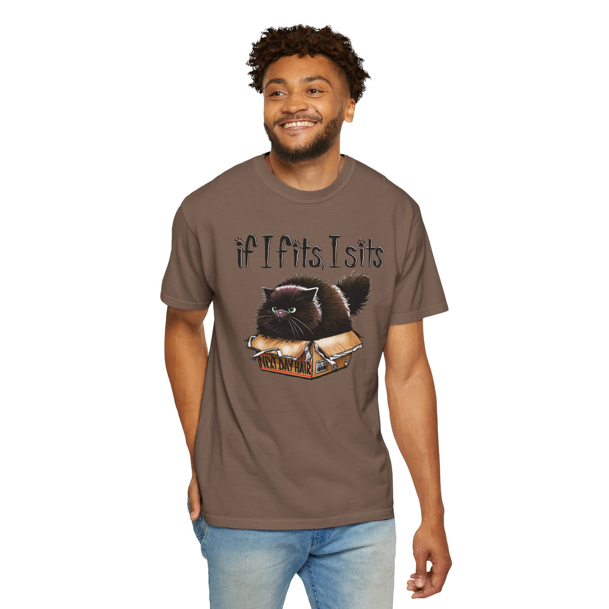 If I Fits I Sits, Cat in a Box - Comfort Colors | Trendy Women's and Men's T-Shirt. Direct to Garment. Printed & Shipped in the USA. Unisex Sizes.