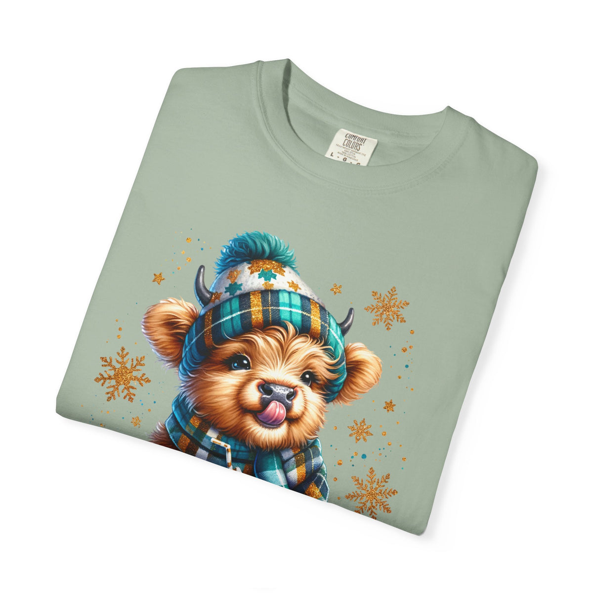 Winter Baby Highland Cow with Cocoa  - Comfort Colors | Trendy Women's T-Shirt. Direct to Garment. Printed & Shipped in the USA. Unisex Sizes.