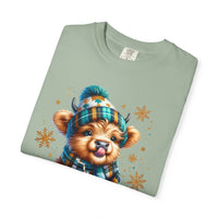 Winter Baby Highland Cow with Cocoa  - Comfort Colors | Trendy Women's T-Shirt. Direct to Garment. Printed & Shipped in the USA. Unisex Sizes.