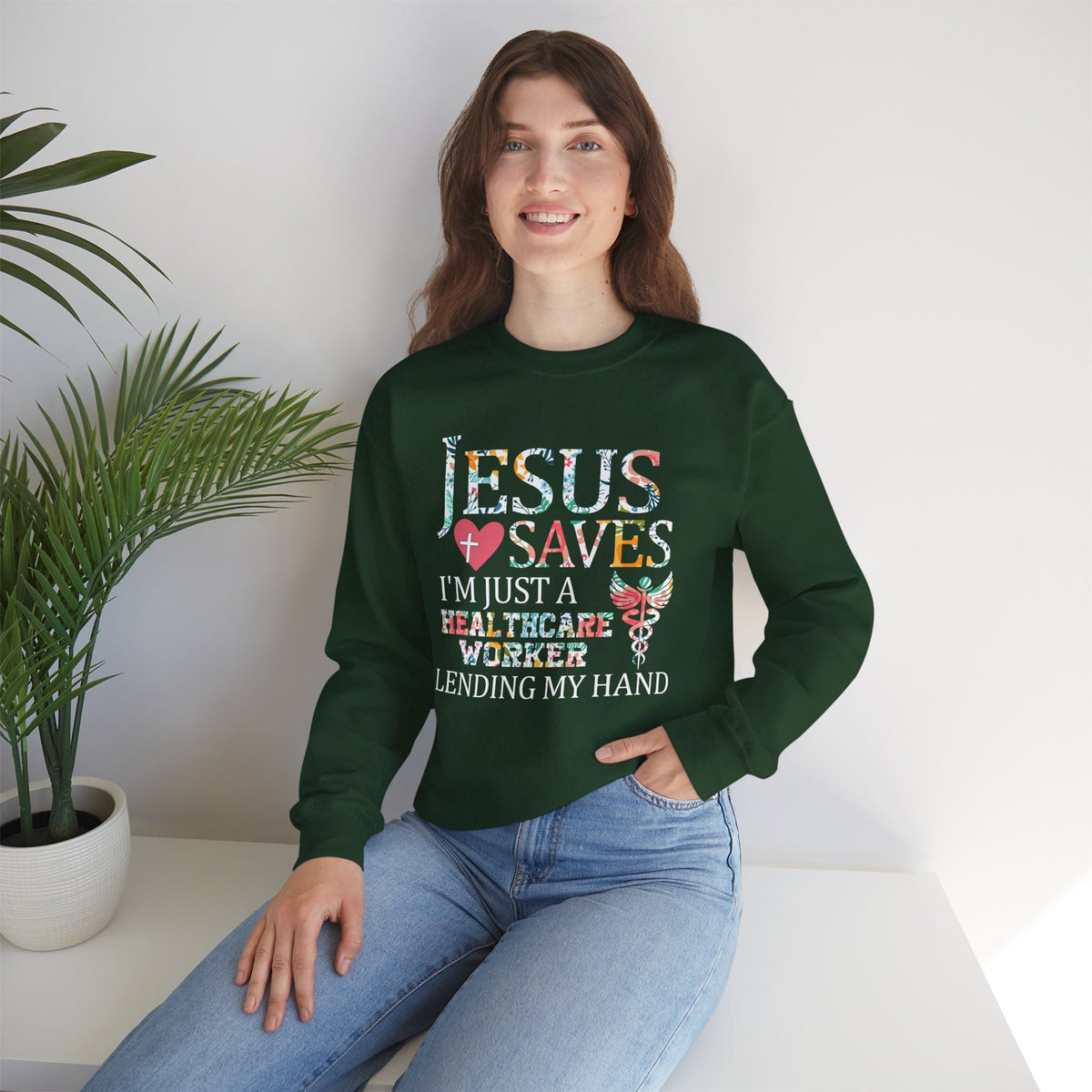 Jesus Saves - Healthcare Worker Lending My Hand – Gildan Heavy Blend | Trendy Women’s Soft Sweatshirt. Direct to Garment. Printed & Shipped in the USA. Unisex Sizes.