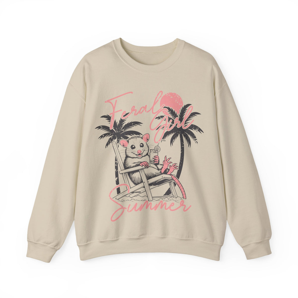 Feral Girl Summer, Possum on a Beach – Gildan Heavy Blend | Trendy Women’s Soft Sweatshirt. Direct to Garment. Printed & Shipped in the USA. Unisex Sizes.