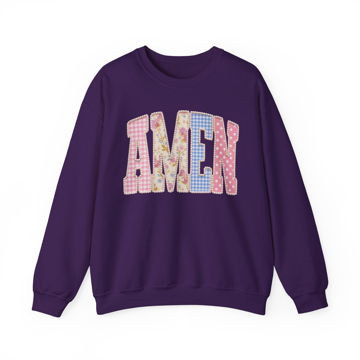 Pastel faux Patchwork AMEN with faux Pearls – Gildan Heavy Blend | Trendy Women’s Soft Sweatshirt. Direct to Garment. Printed & Shipped in the USA. Unisex Sizes.