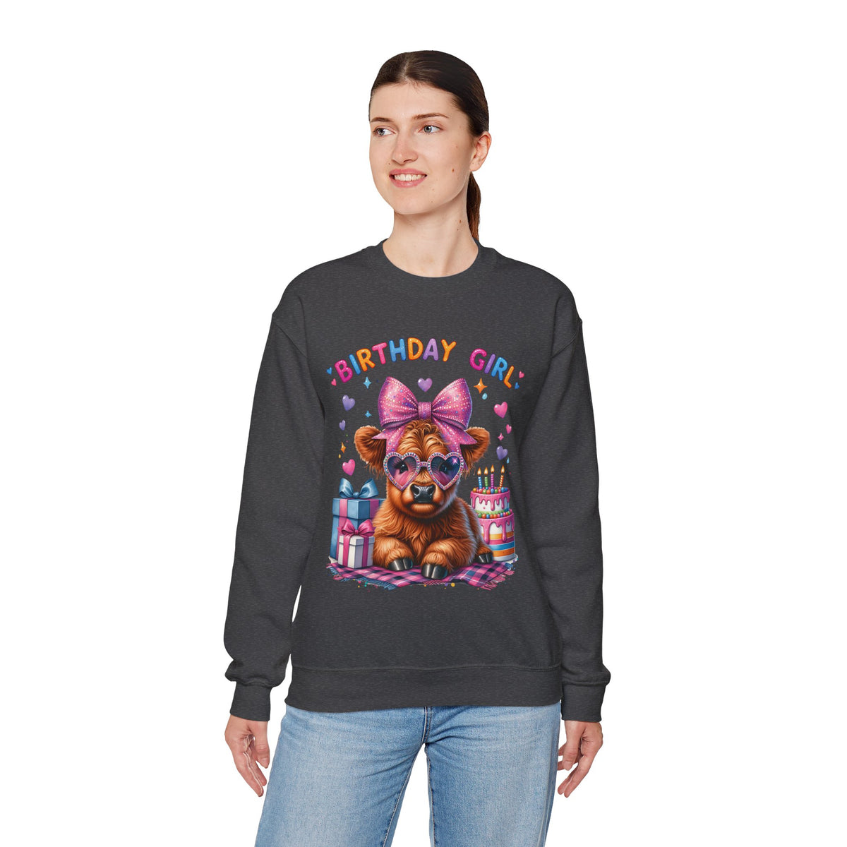 Birthday Girl, Highland Cow – Gildan Heavy Blend | Trendy Women’s Soft Sweatshirt. Direct to Garment. Printed & Shipped in the USA. Unisex Sizes.