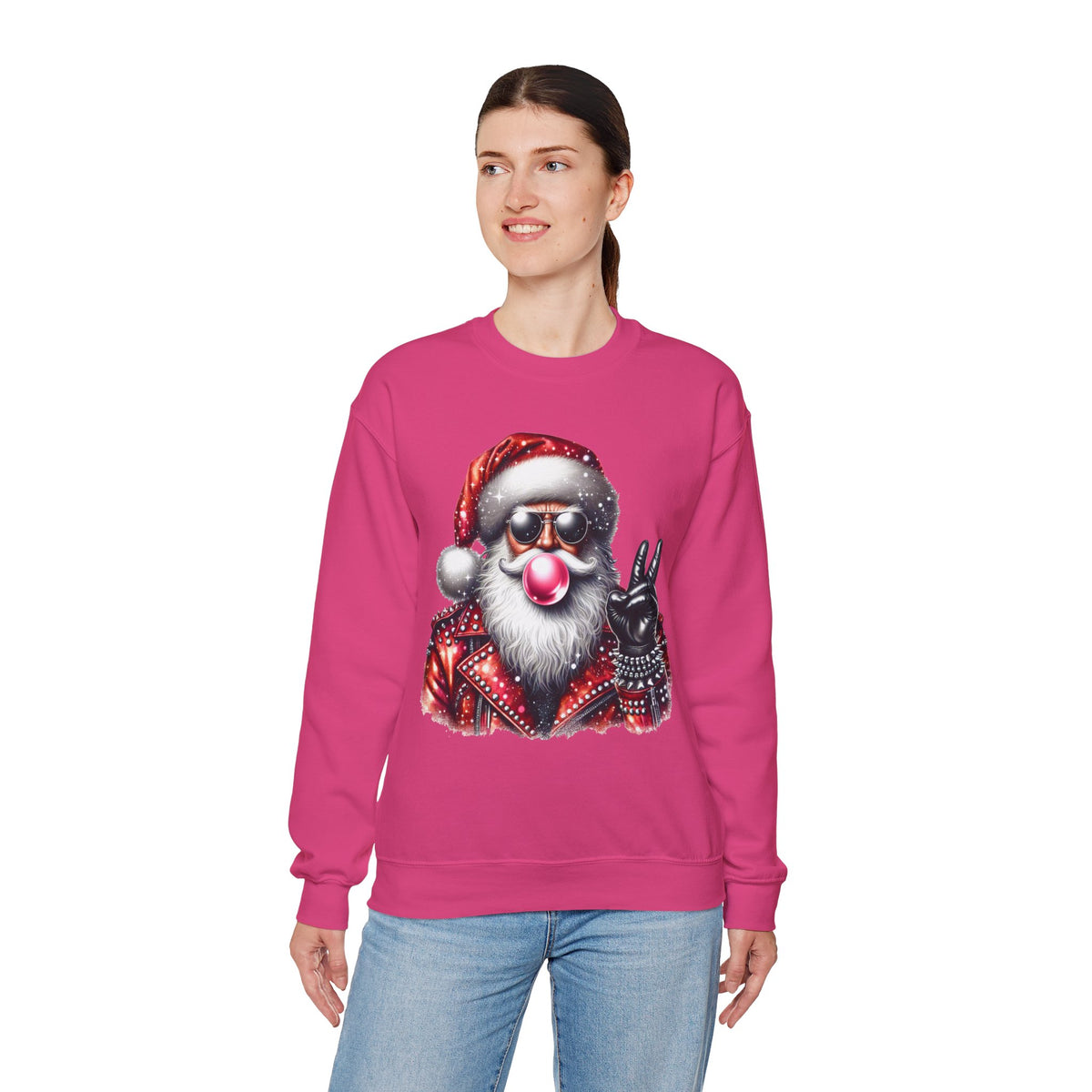Biker Santa Leather Jacket Bubblegum – Gildan Heavy Blend | Trendy Women’s and Men's Soft Sweatshirt. Direct to Garment. Printed & Shipped in the USA. Unisex Sizes.
