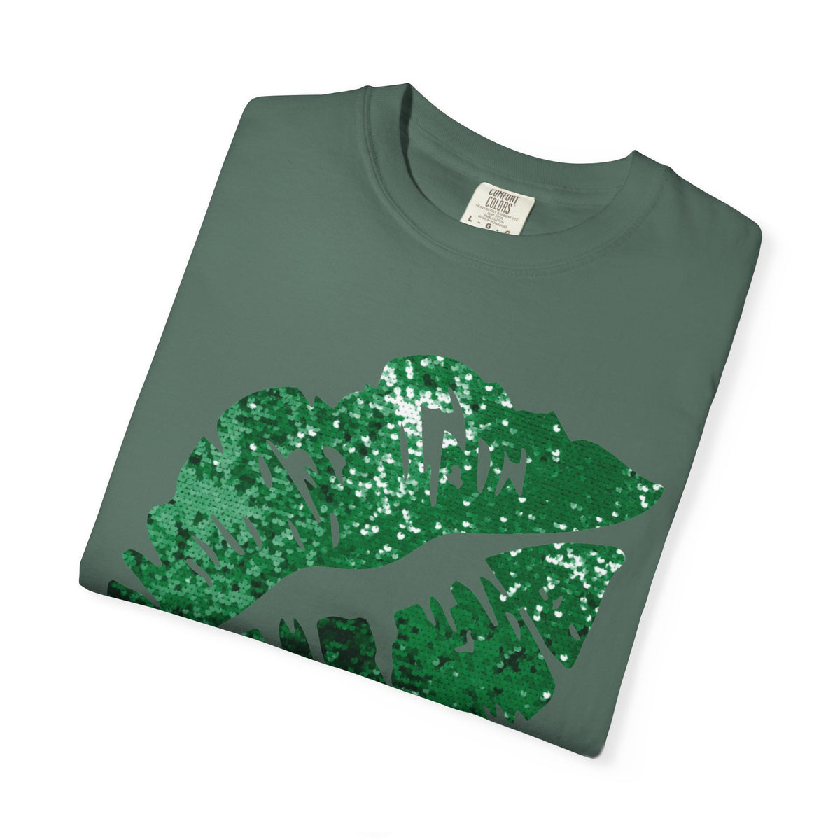Green Faux Glitter Kiss - Comfort Colors | Trendy Women's T-Shirt. Direct to Garment. Printed & Shipped in the USA. Unisex Sizes.