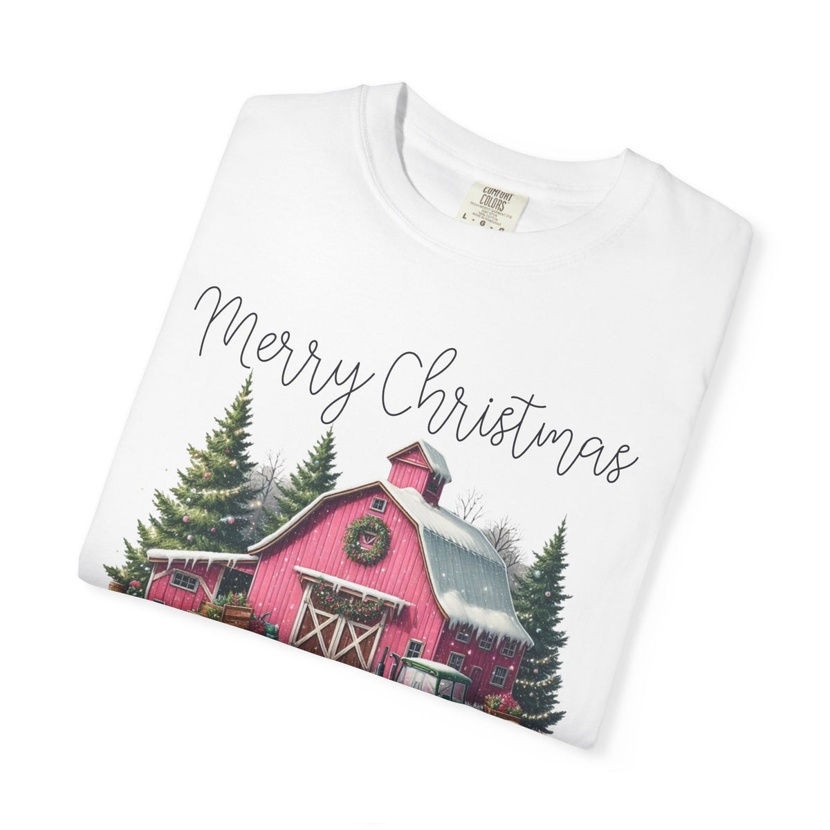 Merry Christmas Pink Barn Farm Animals - Comfort Colors | Trendy Women's T-Shirt. Direct to Garment. Printed & Shipped in the USA. Unisex Sizes.