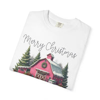 Merry Christmas Pink Barn Farm Animals - Comfort Colors | Trendy Women's T-Shirt. Direct to Garment. Printed & Shipped in the USA. Unisex Sizes.