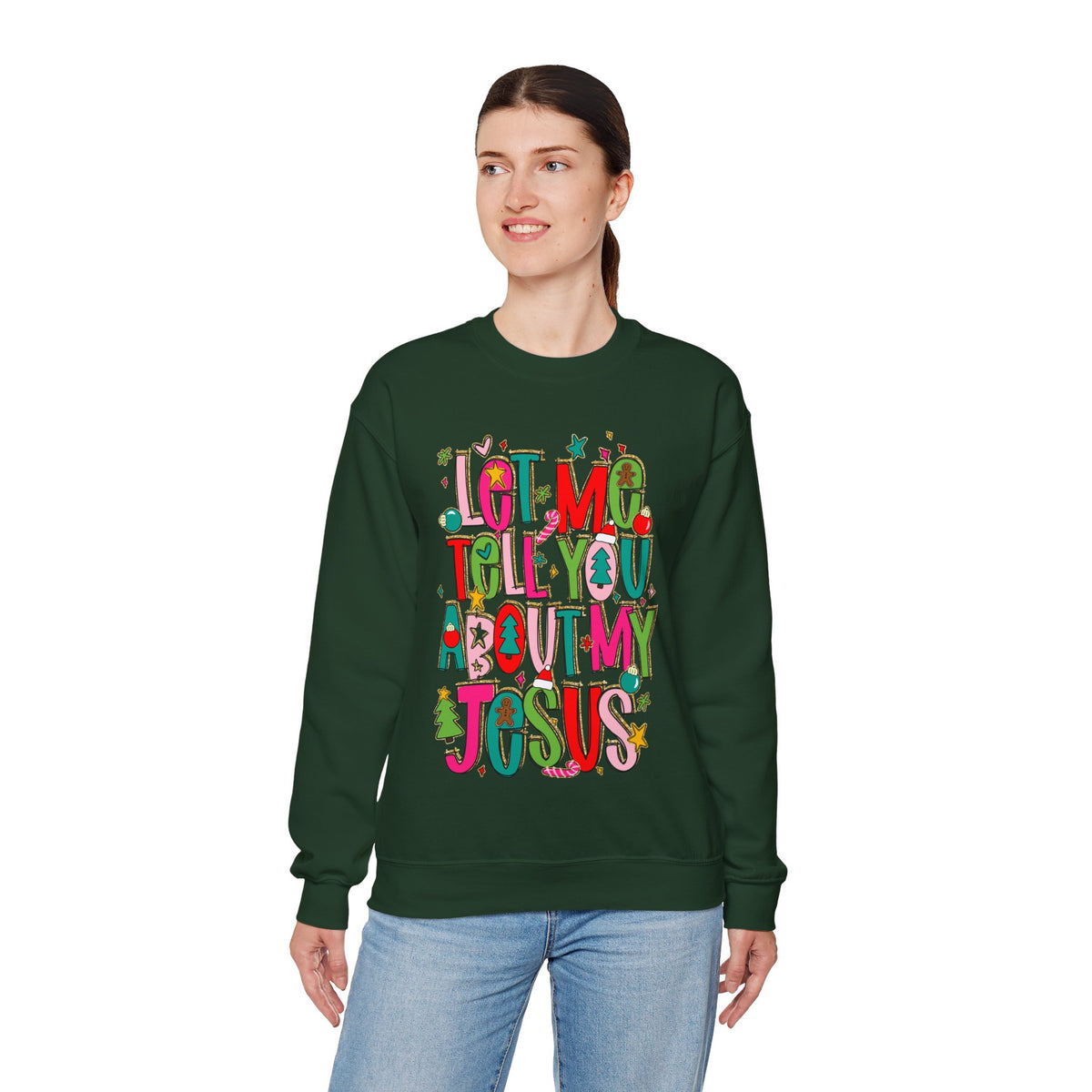 Let Me Tell You About My Jesus - Christmas Faith – Gildan Heavy Blend | Trendy Women’s Soft Sweatshirt. Direct to Garment. Printed & Shipped in the USA. Unisex Sizes.