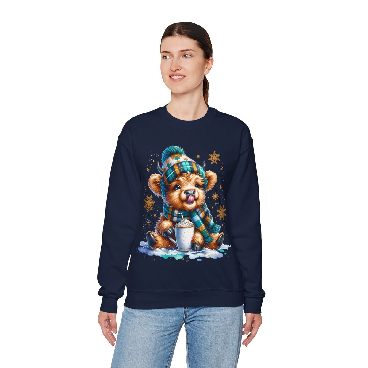 Winter Baby Highland Cow with Cocoa – Gildan Heavy Blend | Trendy Women’s Soft Sweatshirt. Direct to Garment. Printed & Shipped in the USA. Unisex Sizes.