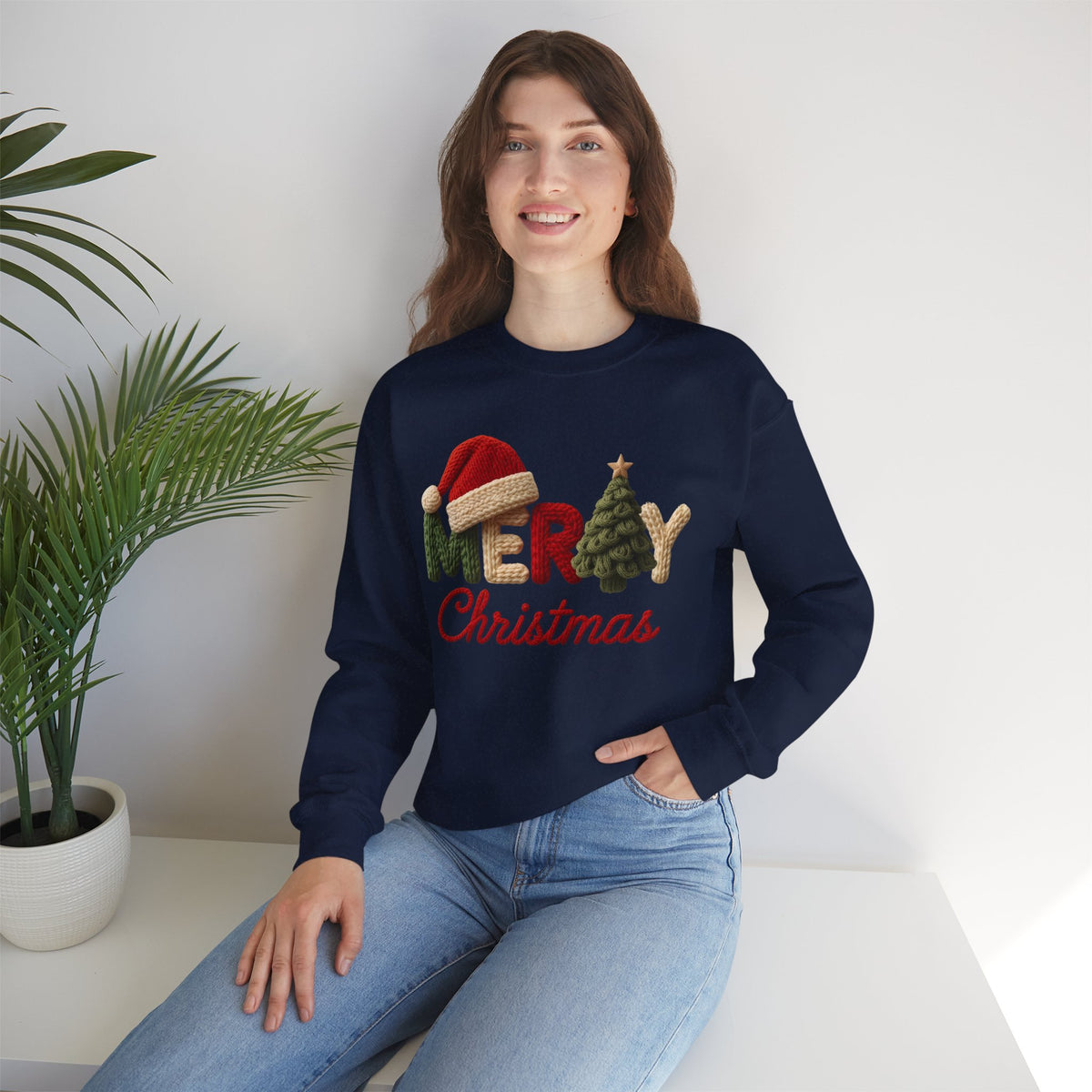 Merry Christmas Faux Yarn w/Santa Hat & Tree – Gildan Heavy Blend | Trendy Women’s Soft Sweatshirt. Direct to Garment. Printed & Shipped in the USA. Unisex Sizes.