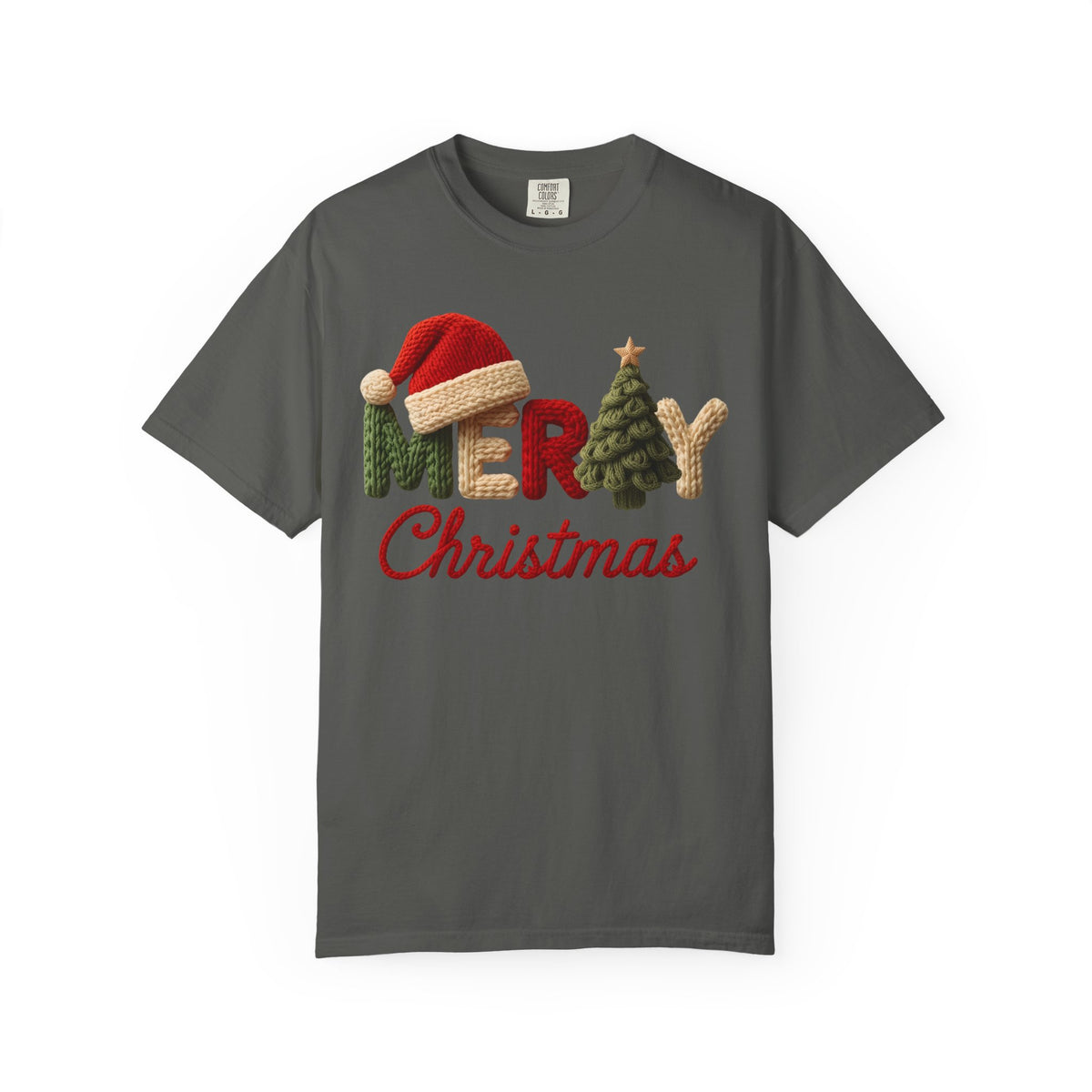 Merry Christmas Faux Yarn w/Santa Hat & Tree - Comfort Colors | Trendy Women's T-Shirt. Direct to Garment. Printed & Shipped in the USA. Unisex Sizes.