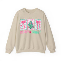 Merry & Bright Christmas - Pink & Green Holiday Tree Design – Gildan Heavy Blend | Trendy Women’s Soft Sweatshirt. Direct to Garment. Printed & Shipped in the USA. Unisex Sizes.