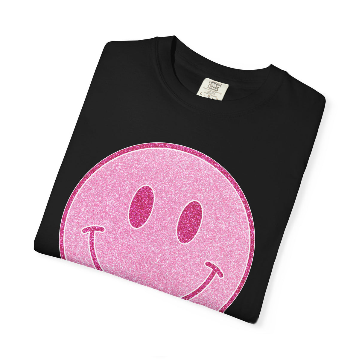 Faux Glitter Smiley - Comfort Colors | Trendy Women's T-Shirt. Direct to Garment. Printed & Shipped in the USA. Unisex Sizes.