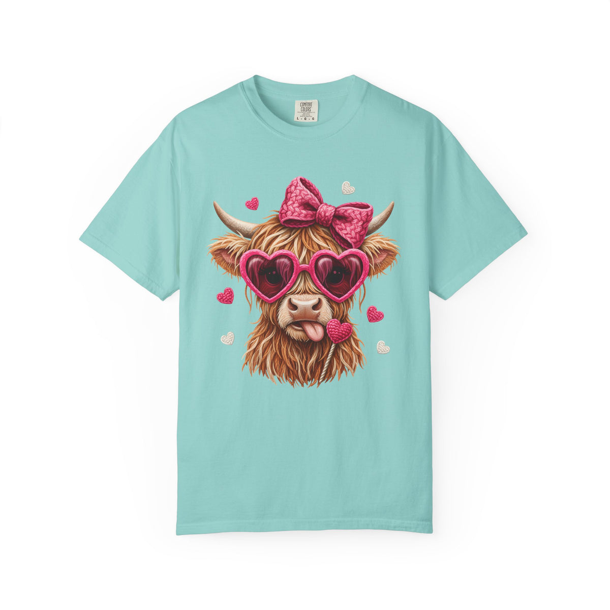 Highland Cow - Pink Heart Shaped Glasses - Comfort Colors | Trendy Women's T-Shirt. Direct to Garment. Printed & Shipped in the USA. Unisex Sizes.