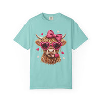 Highland Cow - Pink Heart Shaped Glasses - Comfort Colors | Trendy Women's T-Shirt. Direct to Garment. Printed & Shipped in the USA. Unisex Sizes.