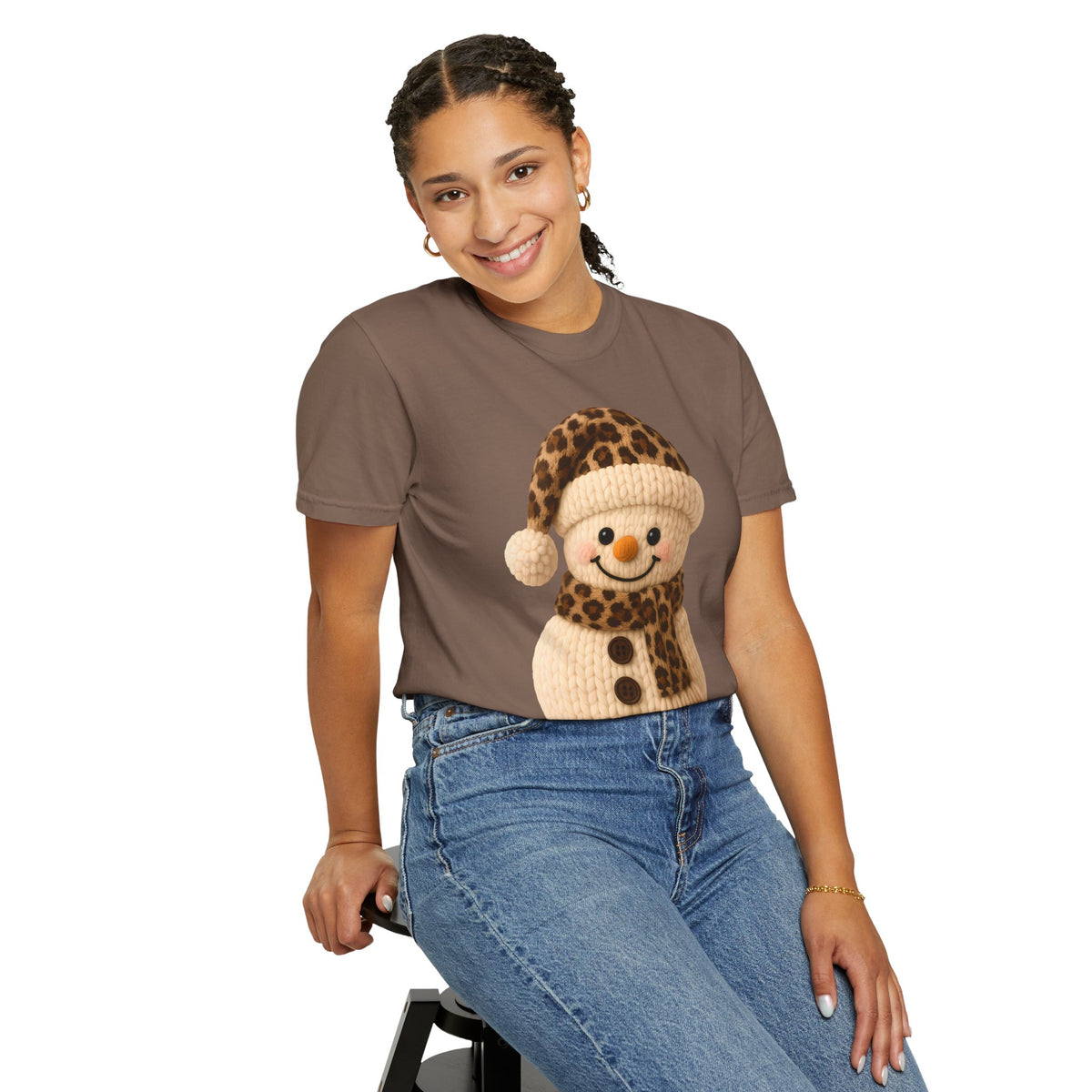 Cute Leopard Faux Knit Snowman Winter - Comfort Colors | Trendy Women's T-Shirt. Direct to Garment. Printed & Shipped in the USA. Unisex Sizes.