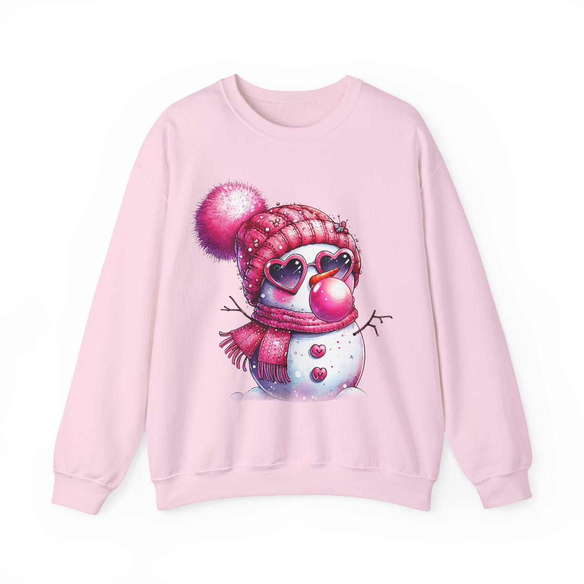 Pink Girly Snowman with Heart Sunglasses and Bubblegum - Winter – Gildan Heavy Blend | Trendy Women’s Soft Sweatshirt. Direct to Garment. Printed & Shipped in the USA. Unisex Sizes.