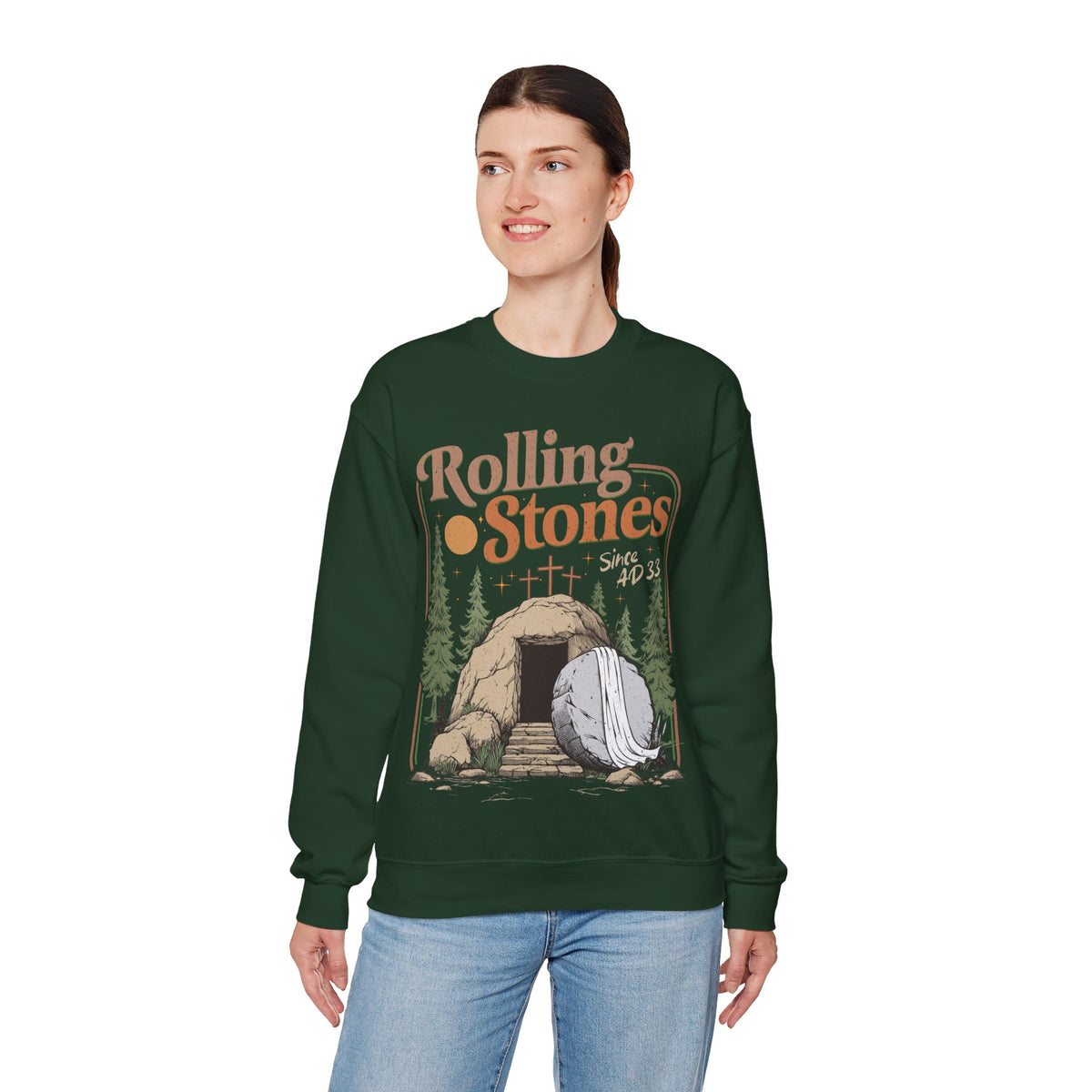 Rolling Stones "Since AD33" Easter Empty Tomb Christian – Gildan Heavy Blend | Trendy Men's and Women’s Soft Sweatshirt. Direct to Garment. Printed & Shipped in the USA. Unisex Sizes.
