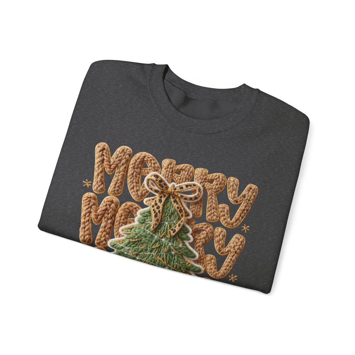 Merry Merry Merry Christmas, Faux Latch Hook Yarn – Gildan Heavy Blend | Trendy Women’s Soft Sweatshirt. Direct to Garment. Printed & Shipped in the USA. Unisex Sizes.